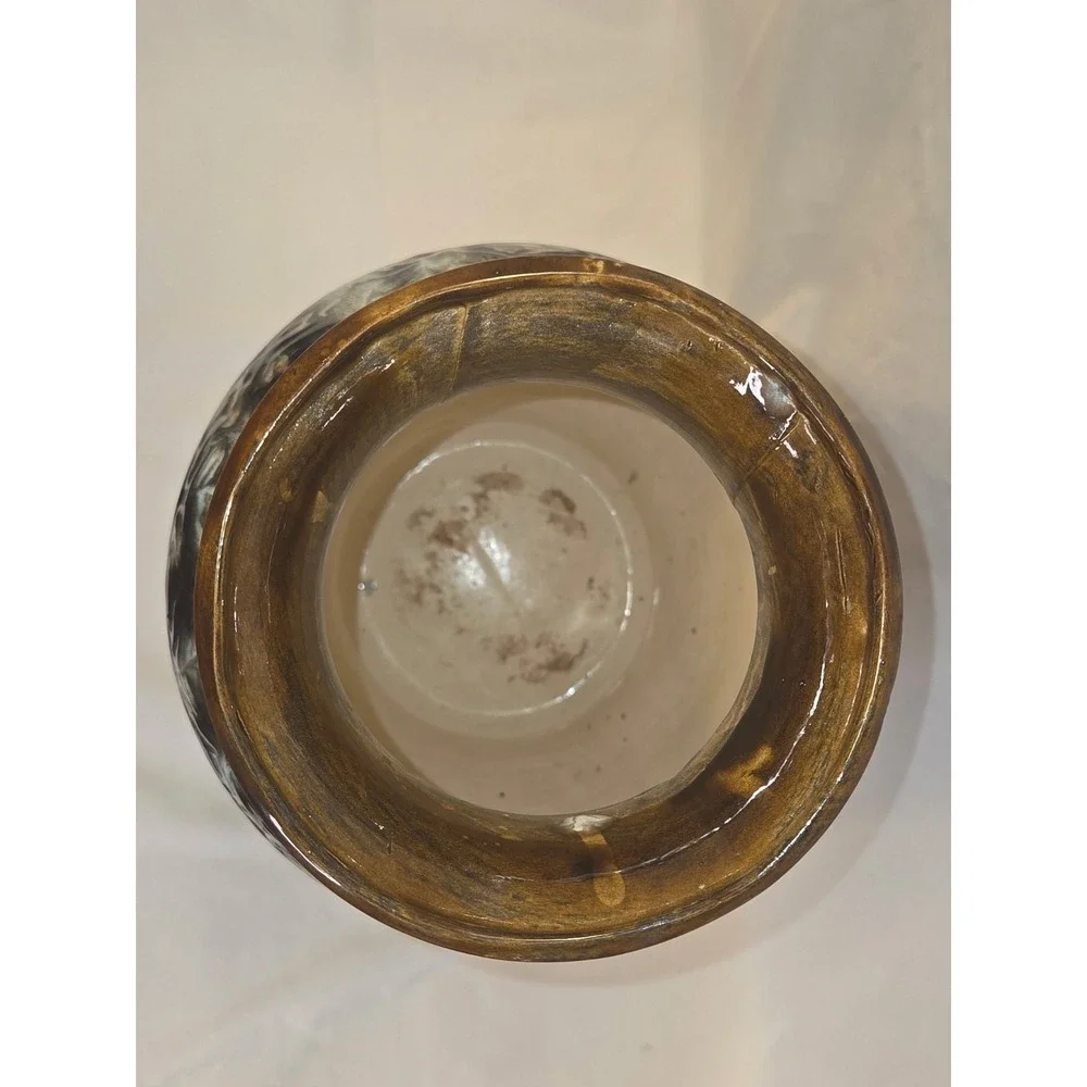 Vintage Brown & White Glossy Pottery Vase Leaf Pattern, Incised PG  12/14/1979